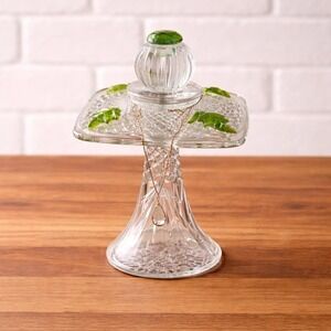 Vintage Pressed Glass Pedestal Stand Green Leaf Jewelry Display Cottagecore